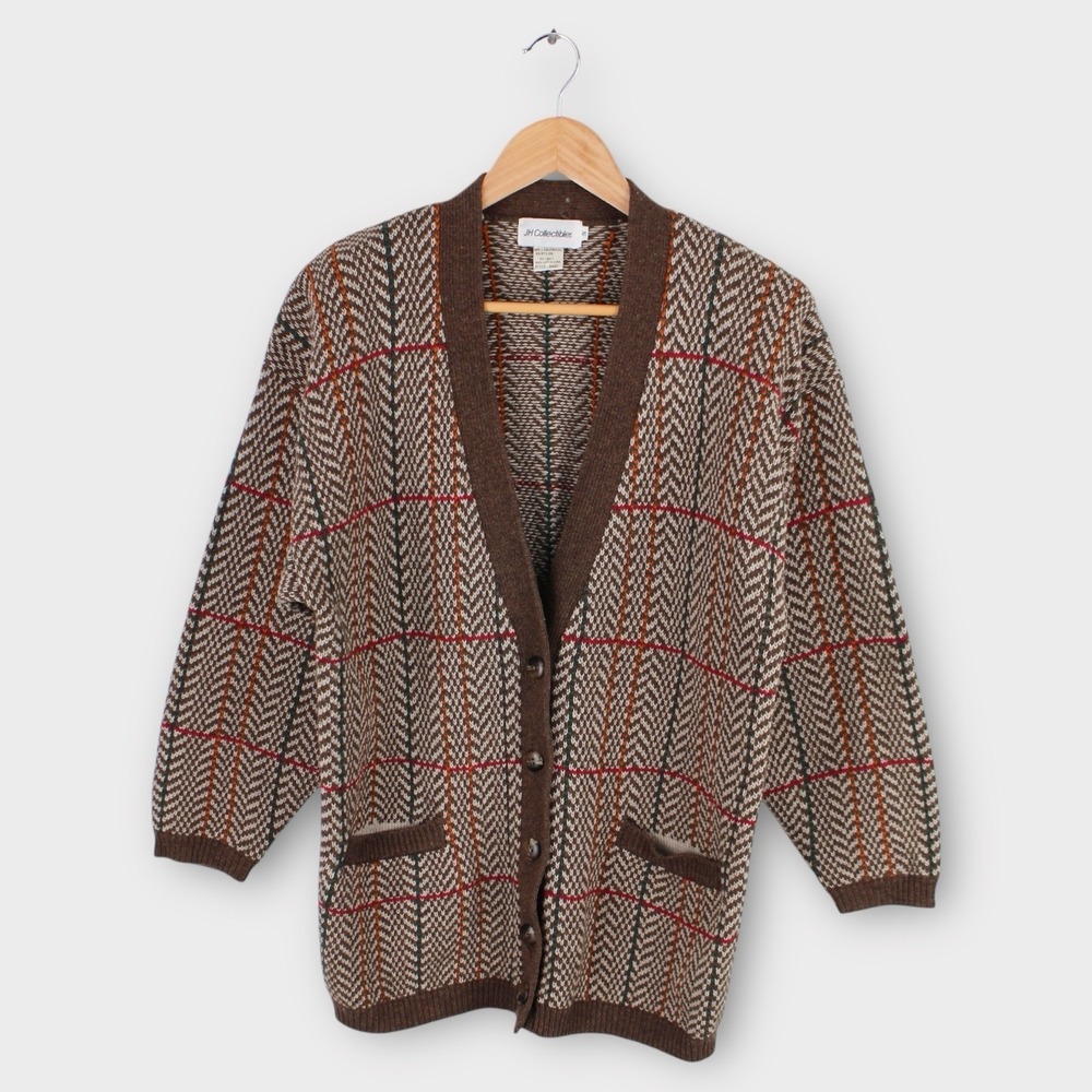 Vintage JH Collectibles Wool Blend Cardigan Sweater Brown Plaid Check Women's
